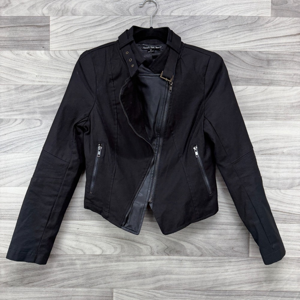 Double Zero Moto Jacket Womens Medium Black Crop Biker Asymmetrical Zipper Front